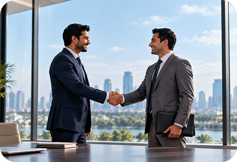 Two business partners shaking hands in an office